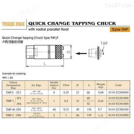 中国台湾贸巨JT柄有牙攻牙器 浮动攻牙器THP1/JT6牙多种规格齐全 贸巨攻牙器