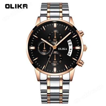olilka/欧力嘉男表防水夜光石英表真三眼六针男士手表